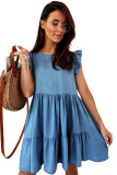Sky Blue Crew Neck Flutter Tiered A-line Chambray Dress
