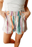 Green Stripe Vintage Washed Elastic Frill Waist Casual Shorts