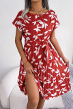 Leaf Print Pleated Midi Dress With Sash