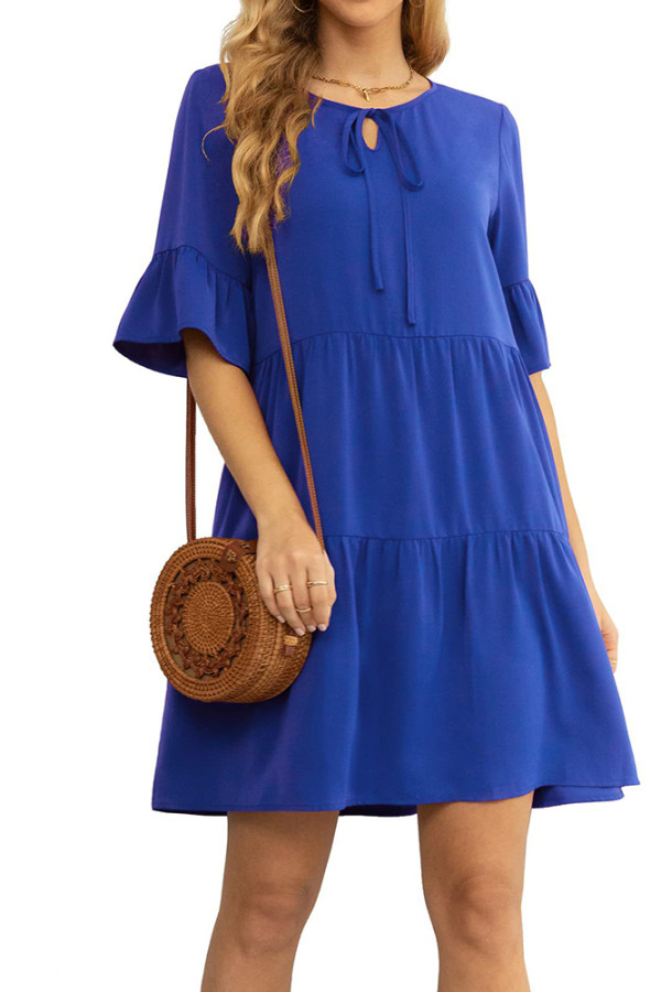 Flare Sleeves Plain Splicing Mini Dress