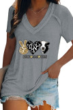 Peace Love Cows Print V Neck Graphic Tee