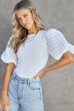 White Checkered Puff Sleeve Ribbed Knit Top