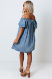 Sky Blue Off-shoulder Ruffle Sleeves Chambray Dress