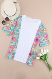 White Floral Print Patchwork Short Sleeve Top