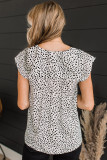 Leopard Floral Embroidery Square Neck Flutter Sleeve Blouse