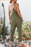Green Textured Sleeveless V-Neck Pocketed Casual Jumpsuit