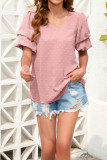 Swiss Dot V Neck Tiered Sleeves Top 