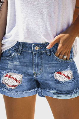 Baseball Printed Patchwork Denim Shorts
