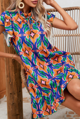 Orange Floral Print Ruffle Sleeve Mini Dress