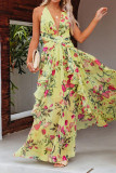 Yellow Floral Print Halter Wrapped Maxi Dress 