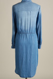 Washed Blue Open Button Drawstring Denim Dress