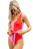 Pink V Neck Colorblock Waist Tie One-Piece Swimsuit