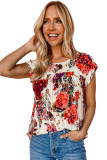 Red Floral Short Sleeve Round Neck Blouse