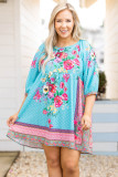 Sky Blue Mix Boho Floral Print Plus Size Mini Babydoll Dress