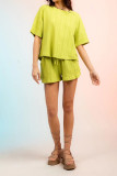 Plain Textured Back Buttoned Top With Shorts 2pcs Set