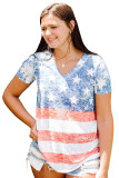 Sky Blue Plus Size Vintage American Flag Print V Neck T Shirt