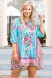 Sky Blue Mix Boho Floral Print Plus Size Mini Babydoll Dress
