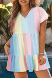 Multicolor Plus Size Color Block Tiered High Waist Mini Dress