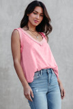 Pink V Neck Ribbed Trimming Tank Top