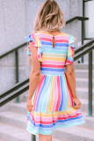 Multicolor Striped Ruffle Flared Babydoll Dress