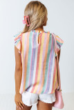 Multicolor Striped Frill Round Neck Ruffle Sleeve Blouse