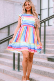Multicolor Striped Ruffle Flared Babydoll Dress