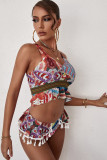 Multicolor Graphic Print Tassel Ruffle Bikini Swimsuit