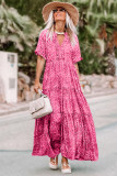 Pink Paisley Print Boho Holiday Ruffle Tiered Maxi Dress