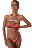 Red Tribal Print Halter Neck Cut-out Boho Swimwear