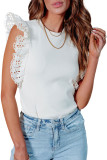 White Lace Flutter Sleeve Ruffled Ribbed Blouse