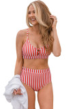 Stripe Cross Straps High Waist Bikini Swimsuit