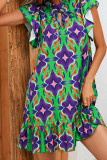 Frilled Split Collar Printed Ruffles Dress