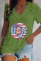 Independence Day US Flag Print V Neck Graphic Tee