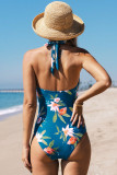 Sky Blue Floral Print Deep V Halter Backless One-piece Swimwear