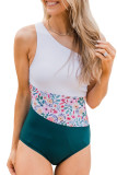 White Floral Color Block One Shoulder One-piece Swimsuit