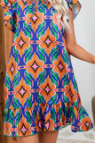 Frilled Split Collar Printed Ruffles Dress