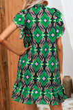 Frilled Split Collar Printed Ruffles Dress