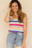 Multicolor Stripe Square Neck Crochet Knit Crop Tank Top