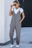 Gray Textured Sleeveless V-Neck Pocketed Casual Jumpsuit