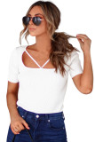 White Square Neck Cut out Ribbed Knit Short Sleeve Top