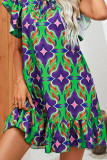 Frilled Split Collar Printed Ruffles Dress