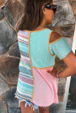 Multicolor Stripe Color Block Cold Shoulder Knit Top