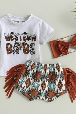 Western Babe Top and Tassle Leopard Bottom Baby 3pcs Set 