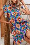 Frilled Split Collar Printed Ruffles Dress