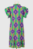 Frilled Split Collar Printed Ruffles Dress