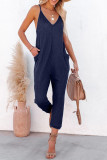 Blue Textured Sleeveless V-Neck Pocketed Casual Jumpsuit