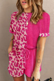 Pink Half Leopard Print Drawstring Knit Romper