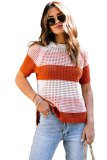 Brown Crochet Knit Colorblock Stripe Top