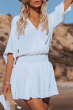 White 3/4 Sleeves Textured Smocked Drape Beach Dress