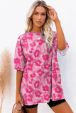 Pink Leopard Print Half Sleeve Oversized T Shirt